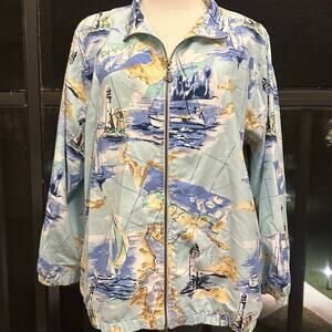 Keneth Too! Blue/Yellow Nautical Print, Pocketed, Full Zip Up Jacket- L